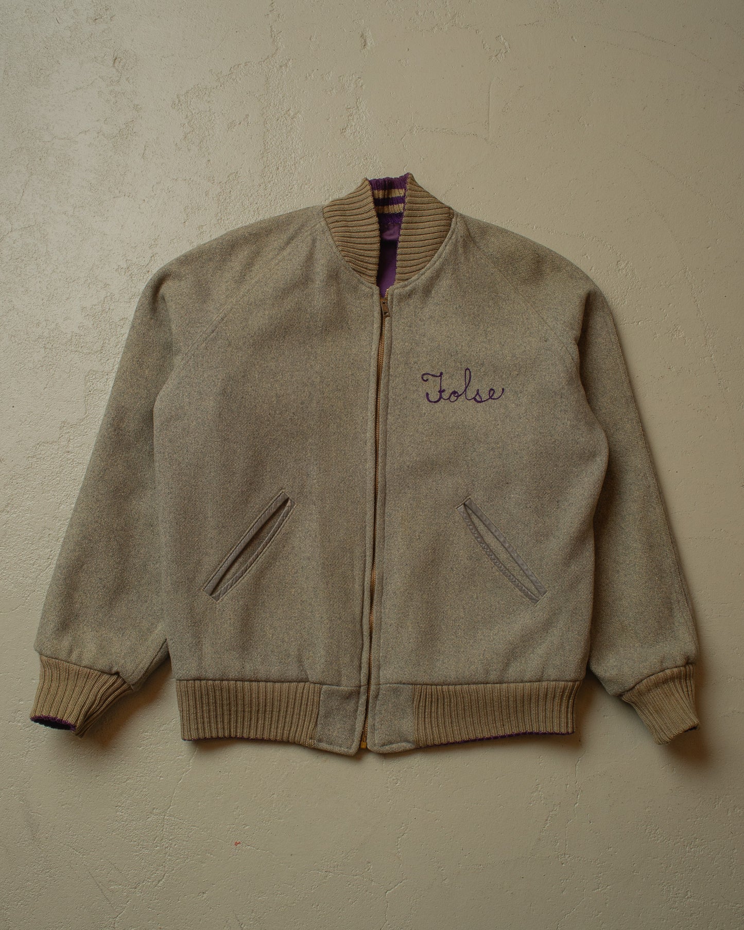 1950s Reversible Satin/Wool Varsity Jacket purple - L