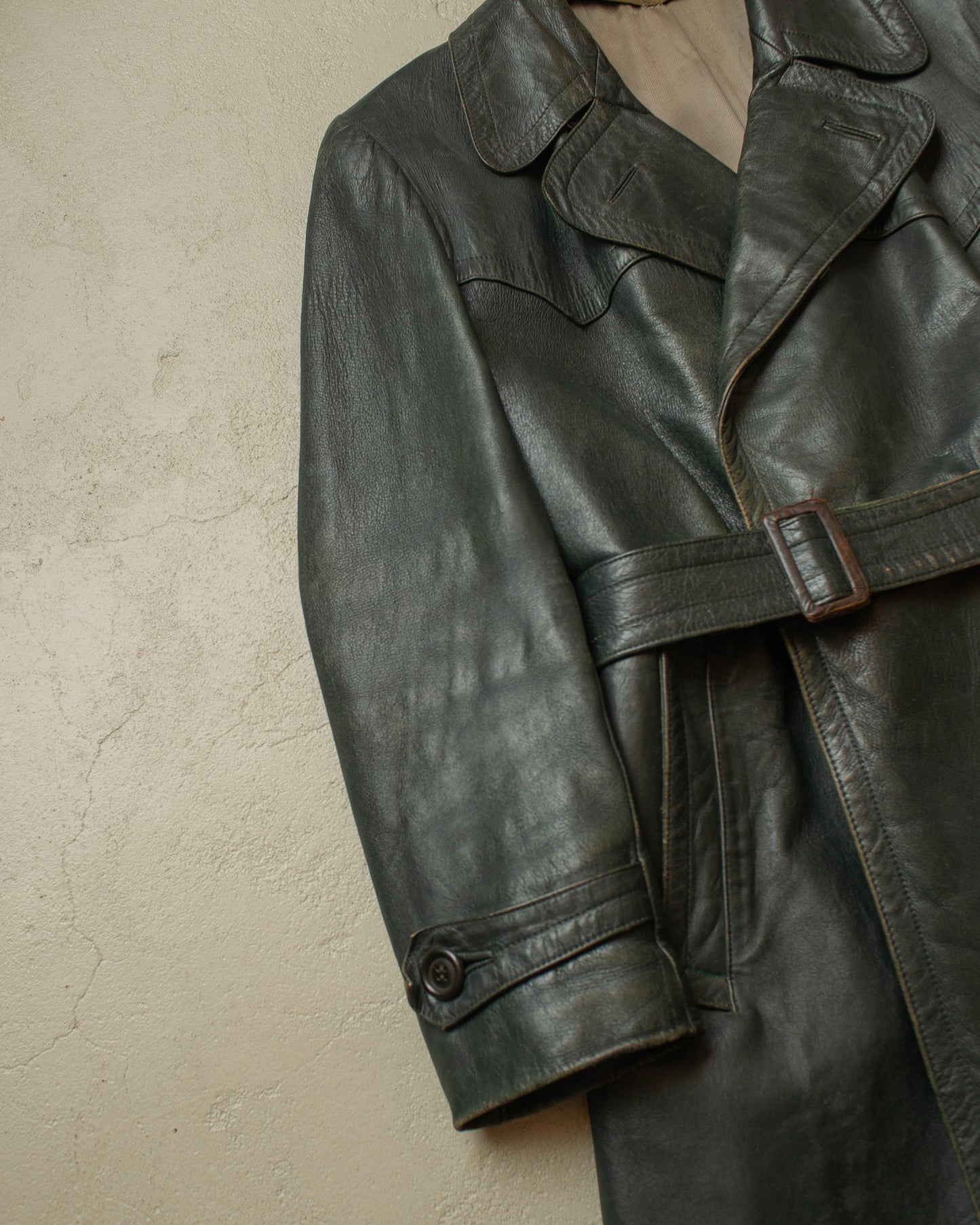 1950s German Biker Leather Coat green - M/L