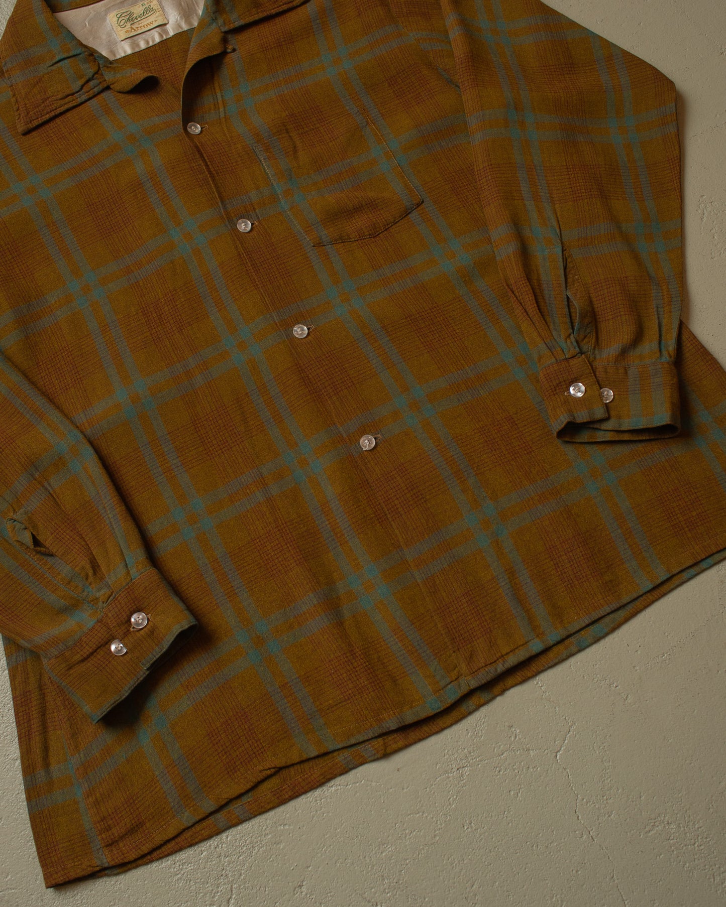 1950s Chevella by Arrow checkered Loop Collar Shirt brown - L/XL
