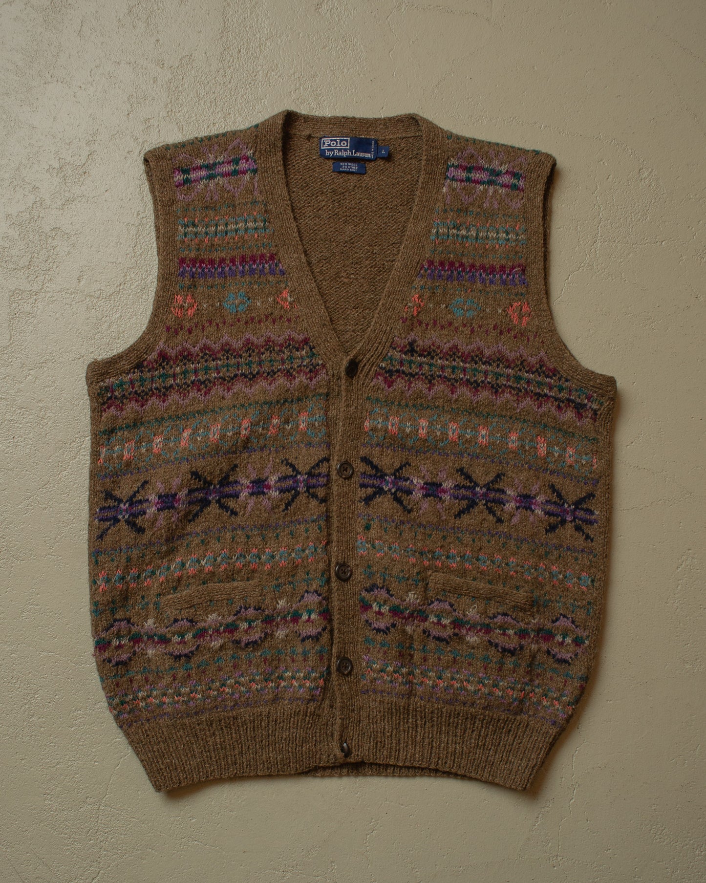 1990s Ralph Lauren crazy Pattern Handknit Vest brown - L