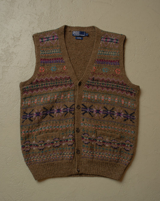 1990s Ralph Lauren crazy Pattern Handknit Vest brown - L