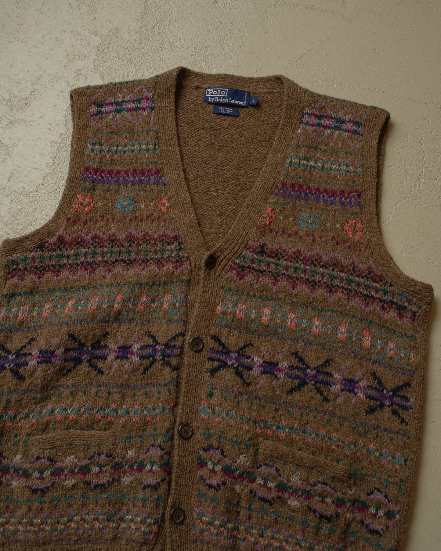 1990s Ralph Lauren crazy Pattern Handknit Vest brown - L
