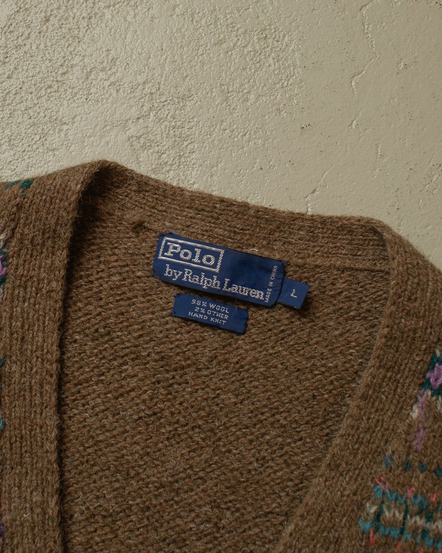 1990s Ralph Lauren crazy Pattern Handknit Vest brown - L