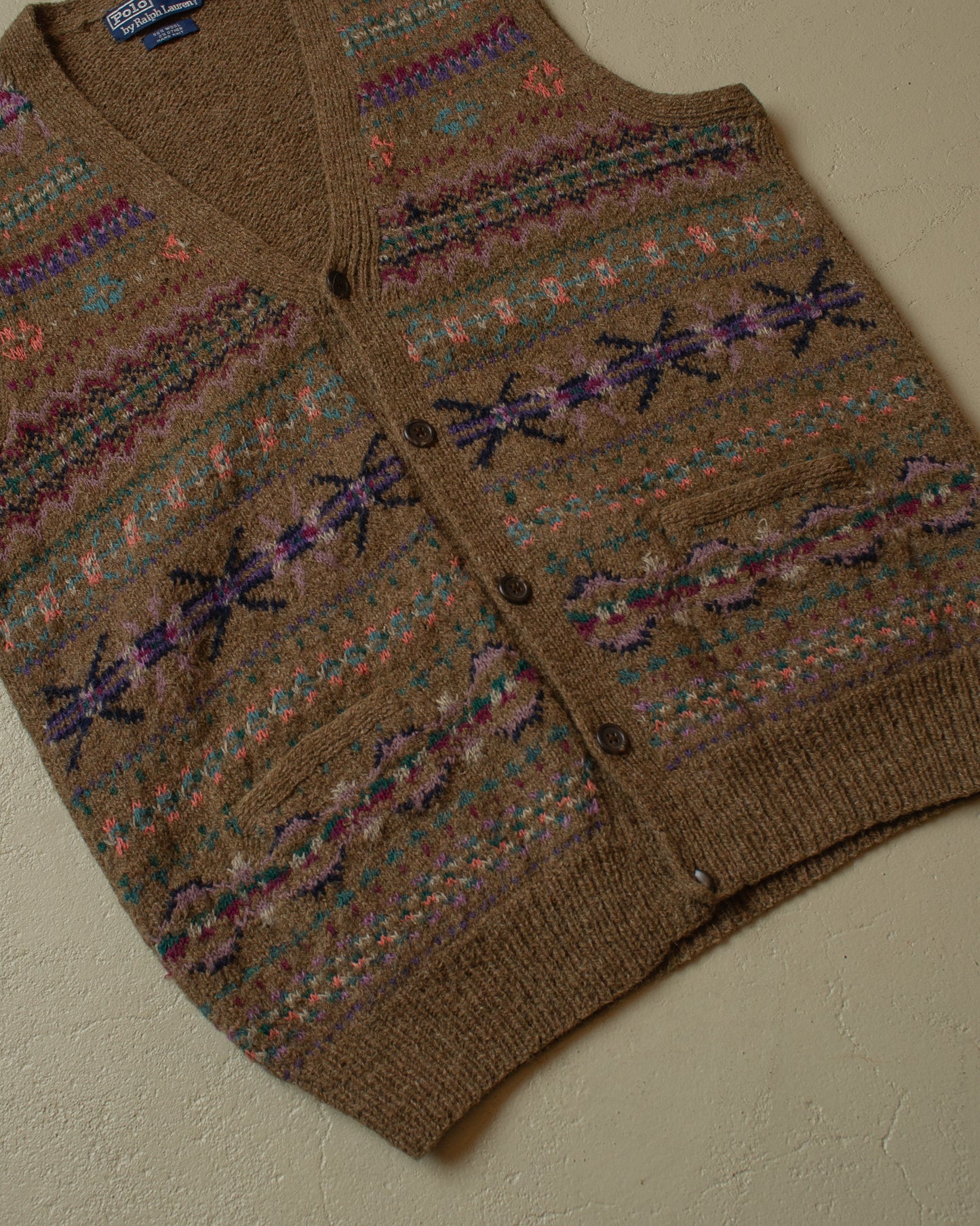 1990s Ralph Lauren crazy Pattern Handknit Vest brown - L