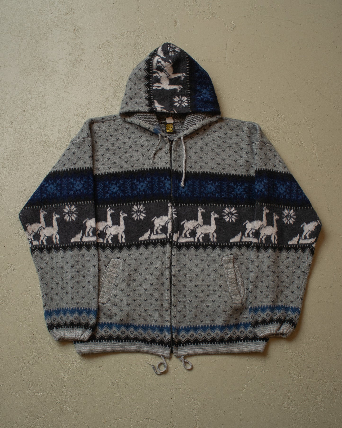 1980s Lama Pattern Hooded Knit Jacket grey - XL