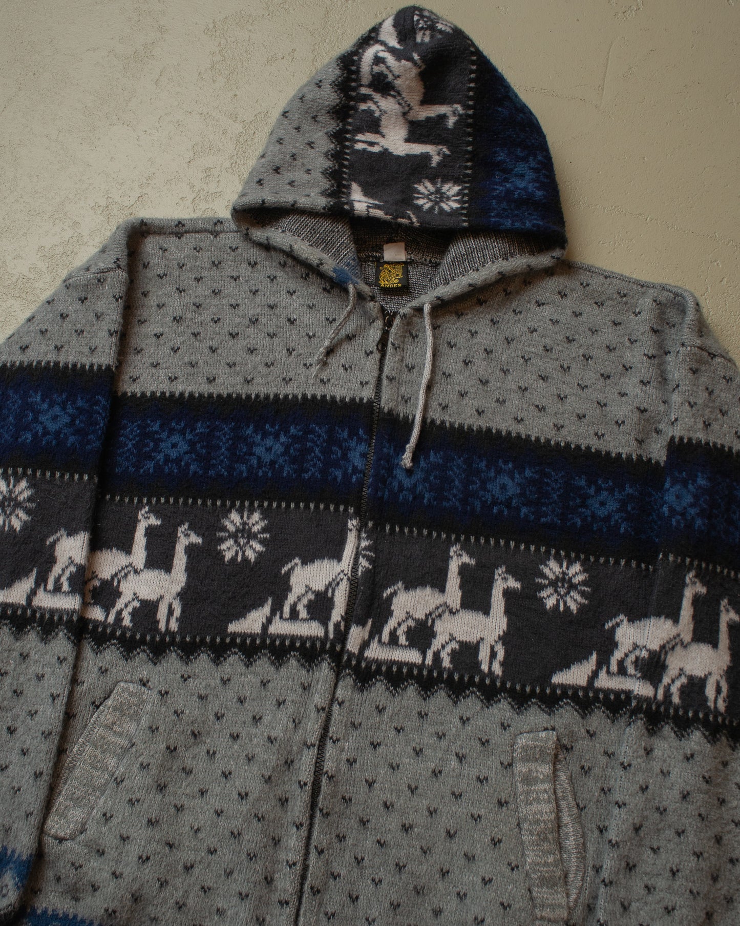1980s Lama Pattern Hooded Knit Jacket grey - XL