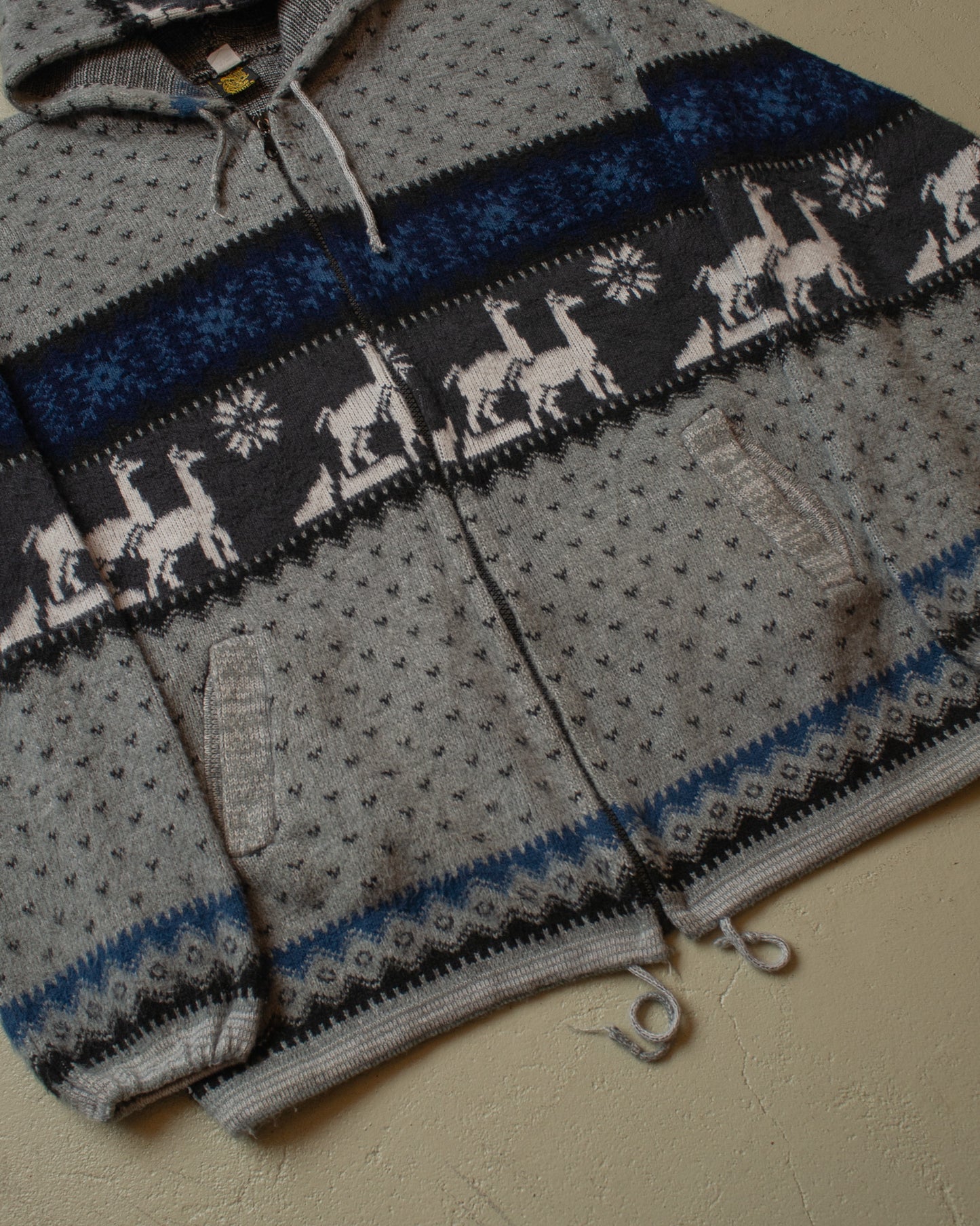 1980s Lama Pattern Hooded Knit Jacket grey - XL