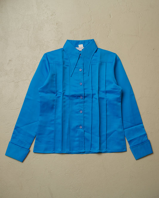 1960s Deadstock Pointed Collar Pleated Shirt blue - M/L