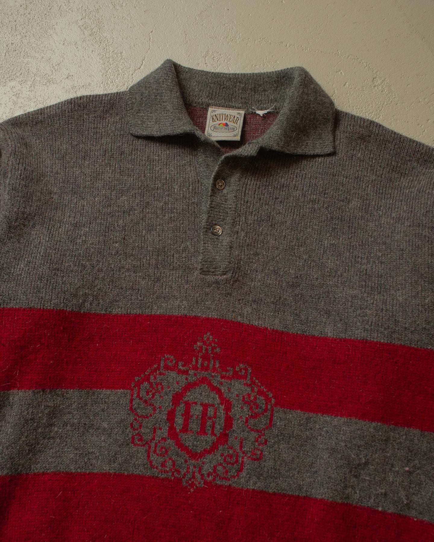 1980s Fruit of the Loom Button Up Knit grey/red - M