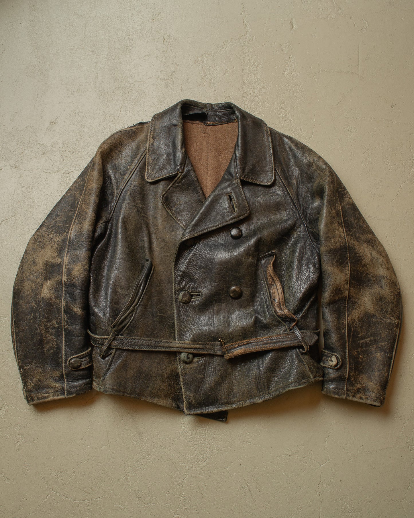 1930s German Faded Leather Biker Jacket black - L