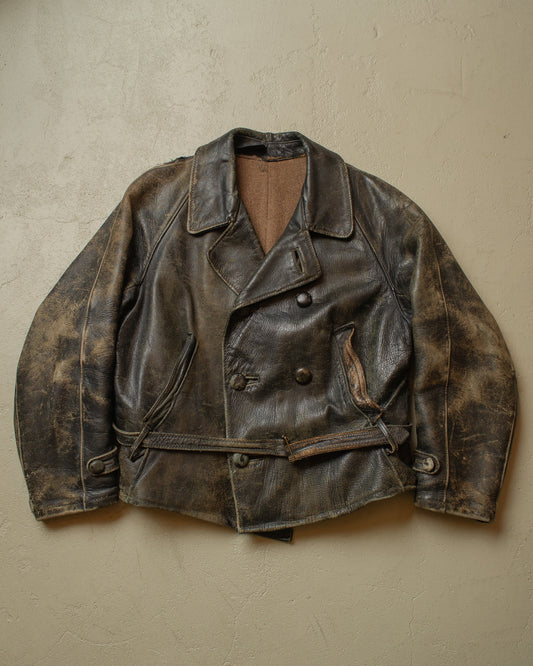 1930s German Faded Leather Biker Jacket black - L