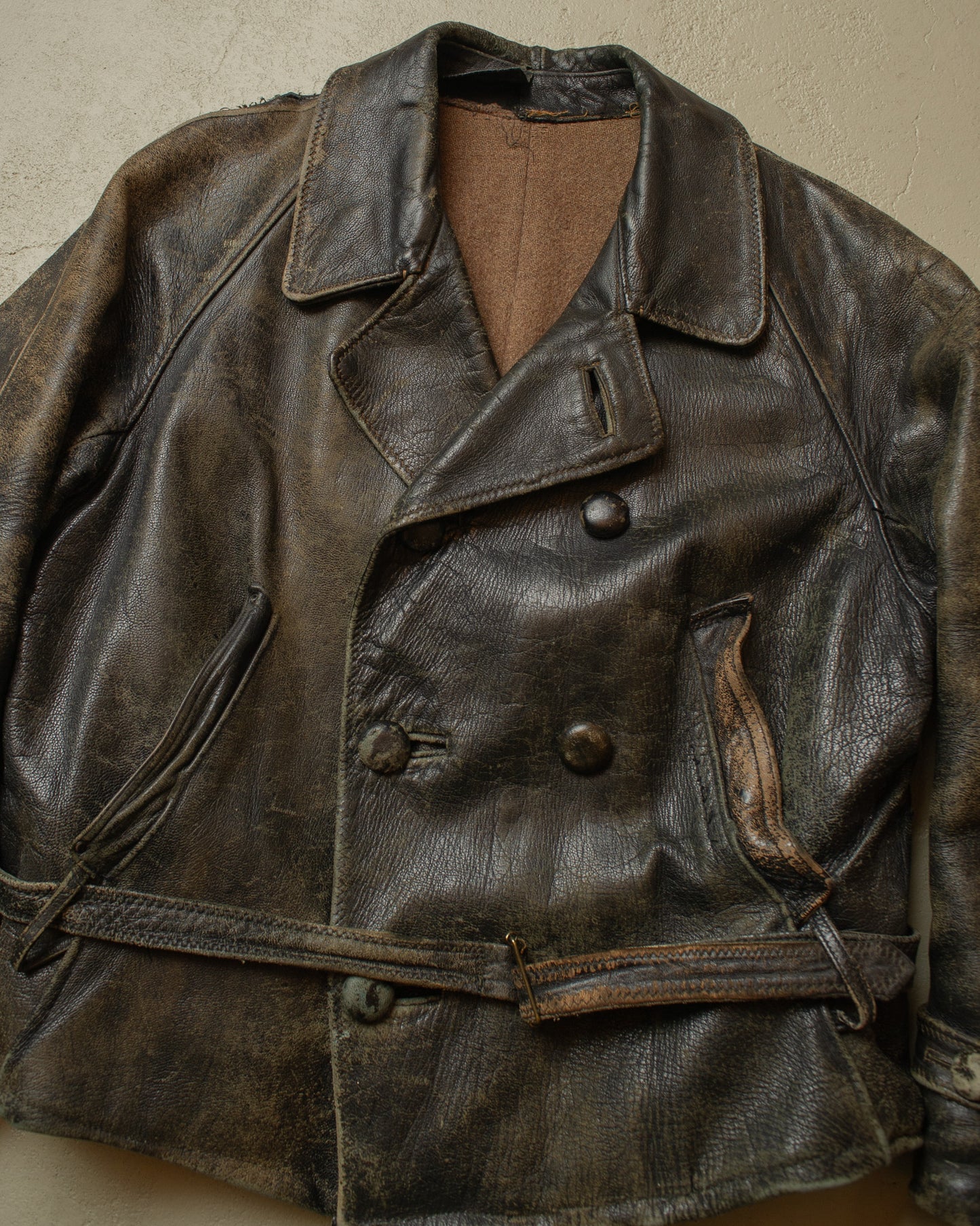 1930s German Faded Leather Biker Jacket black - L