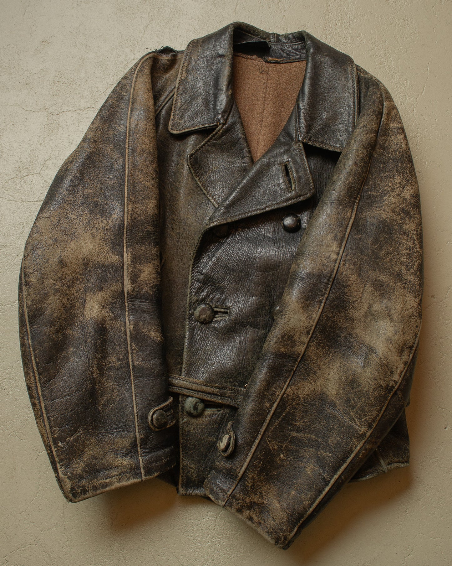 1930s German Faded Leather Biker Jacket black - L