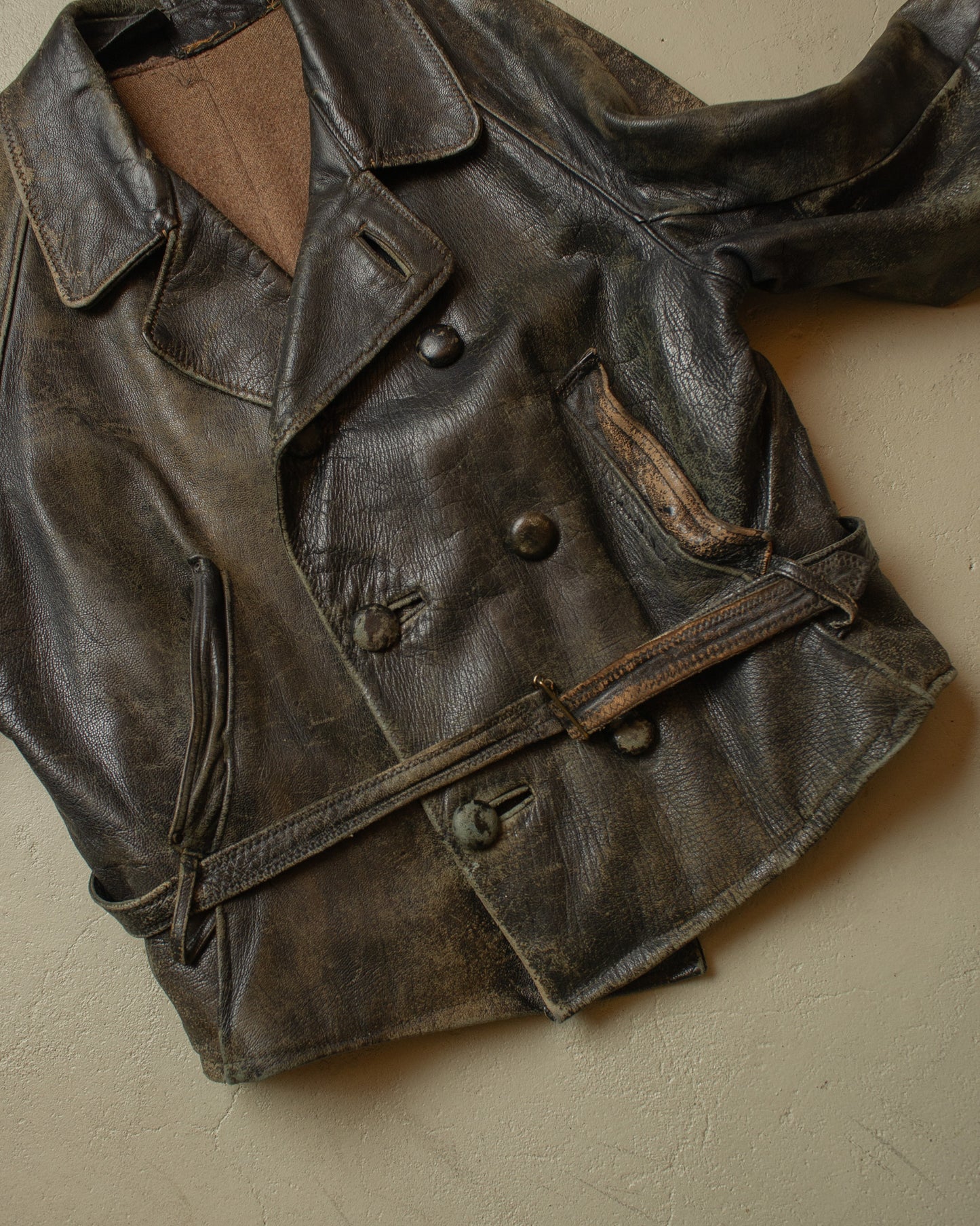 1930s German Faded Leather Biker Jacket black - L