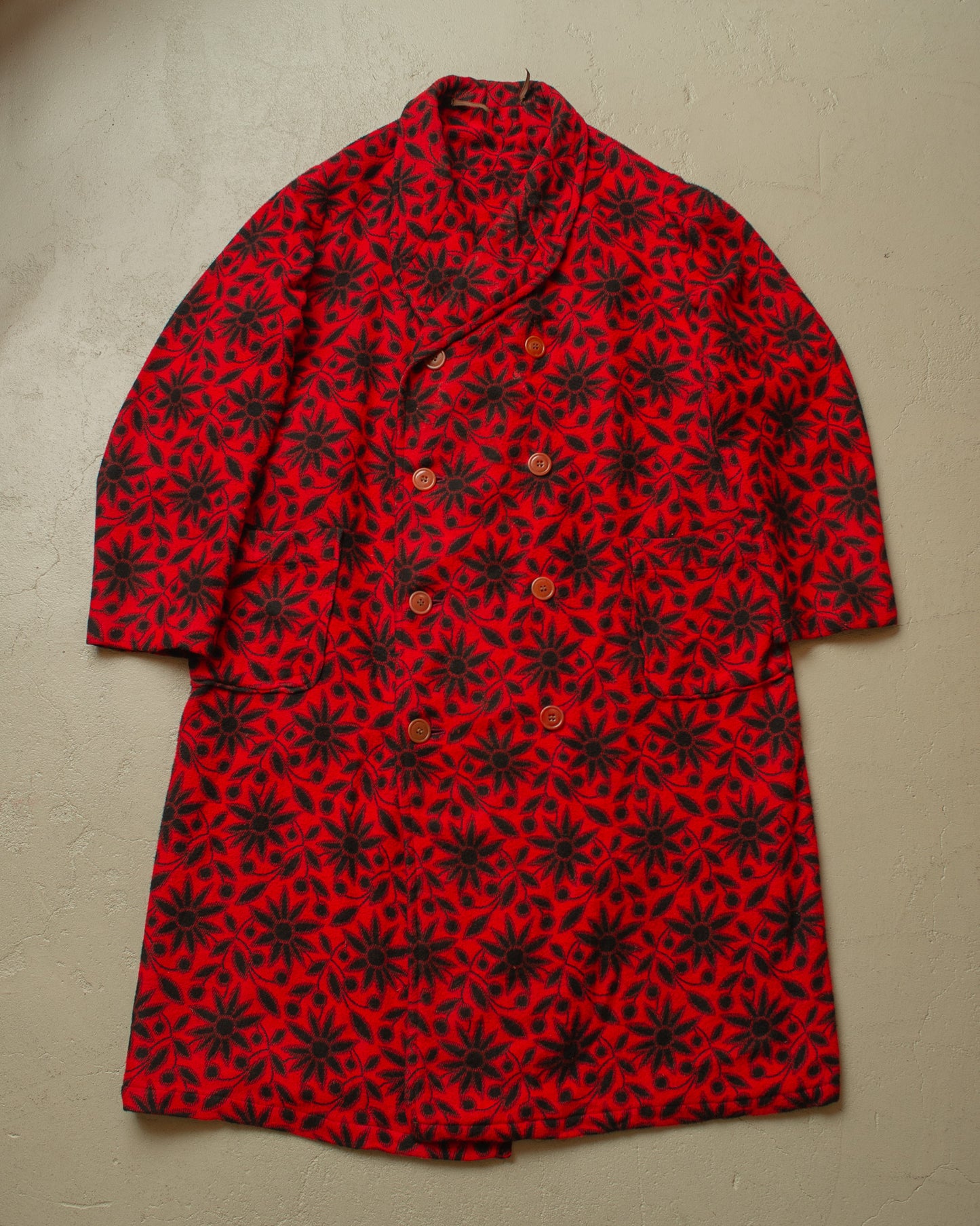 1930s German Sunflower Pattern Wool Smoking Coat red - M/L