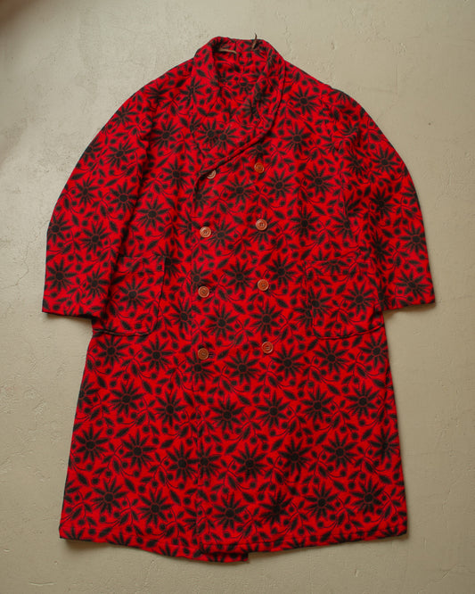 1930s German Sunflower Pattern Wool Smoking Coat red - M/L