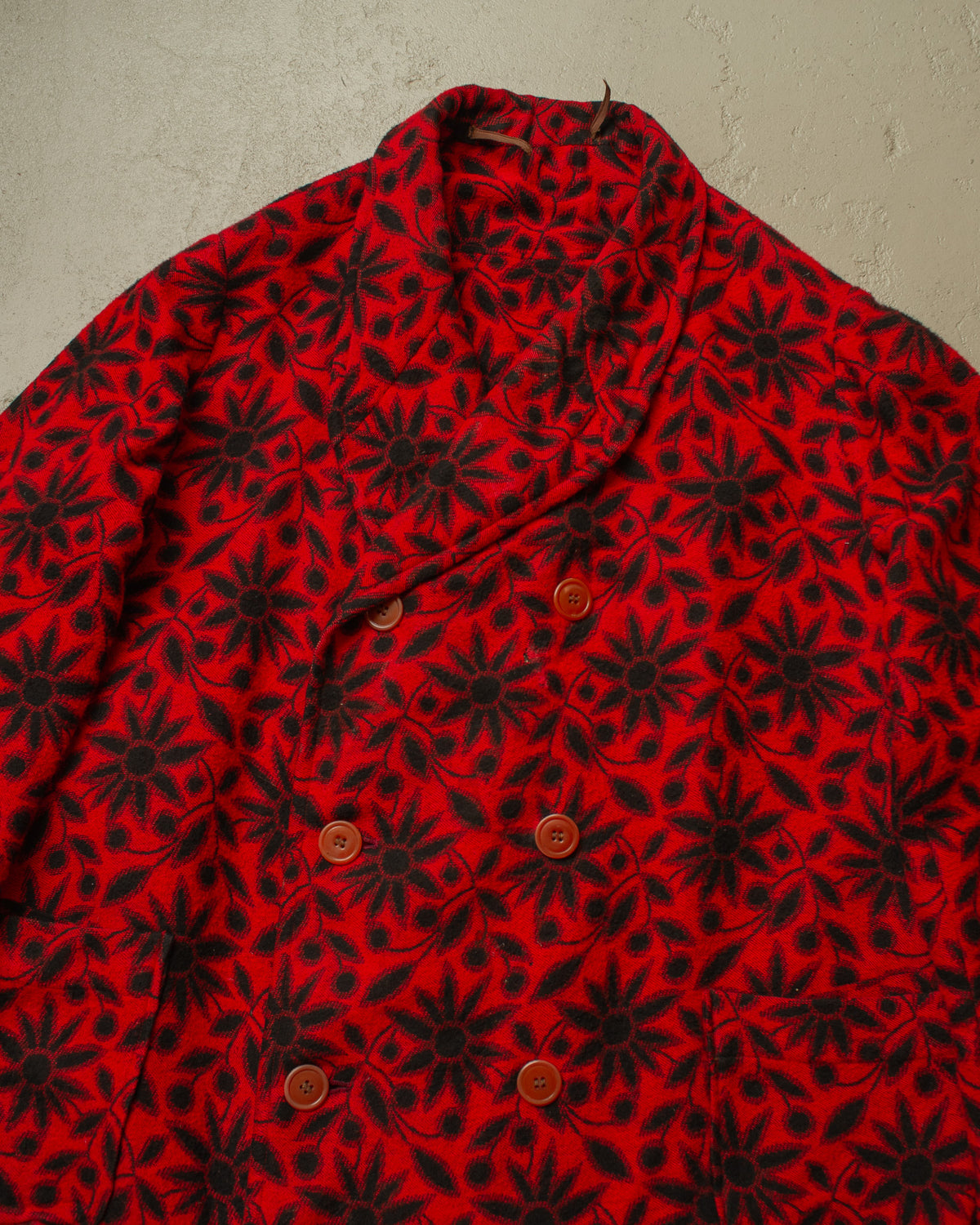 1930s German Sunflower Pattern Wool Smoking Coat red - M/L