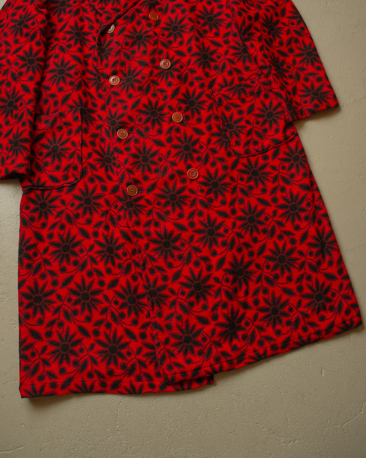 1930s German Sunflower Pattern Wool Smoking Coat red - M/L