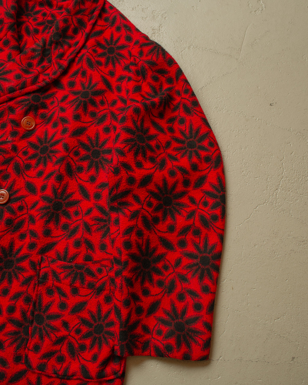 1930s German Sunflower Pattern Wool Smoking Coat red - M/L