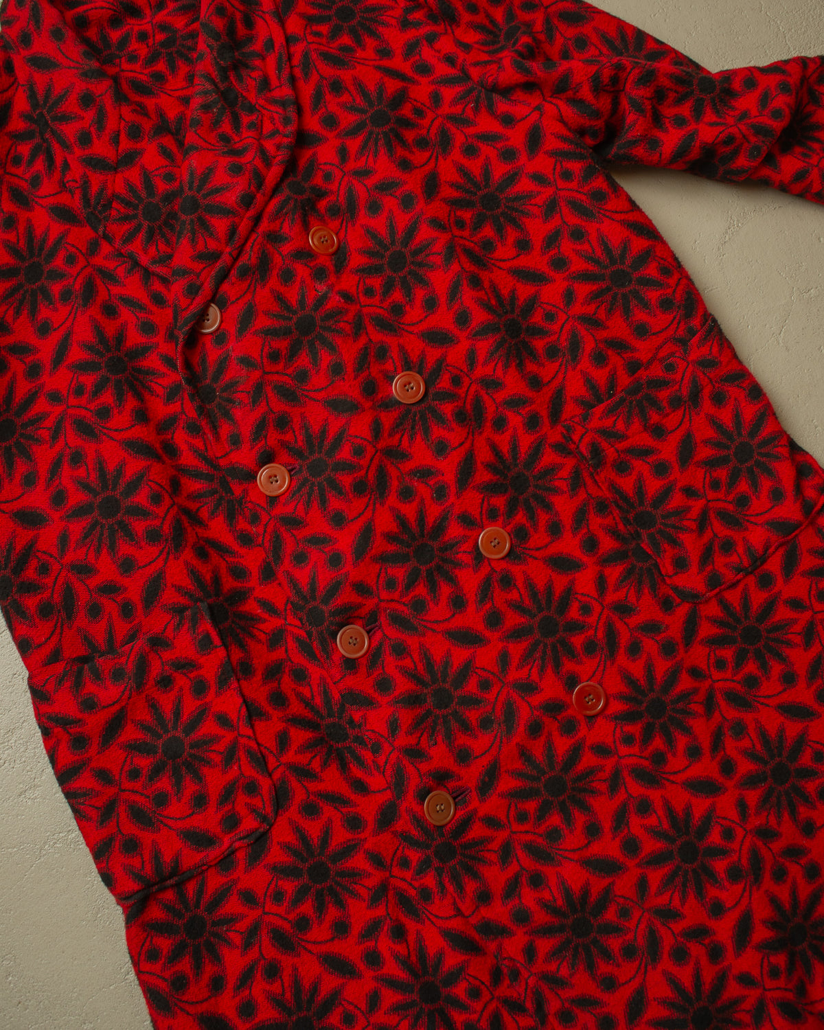 1930s German Sunflower Pattern Wool Smoking Coat red - M/L