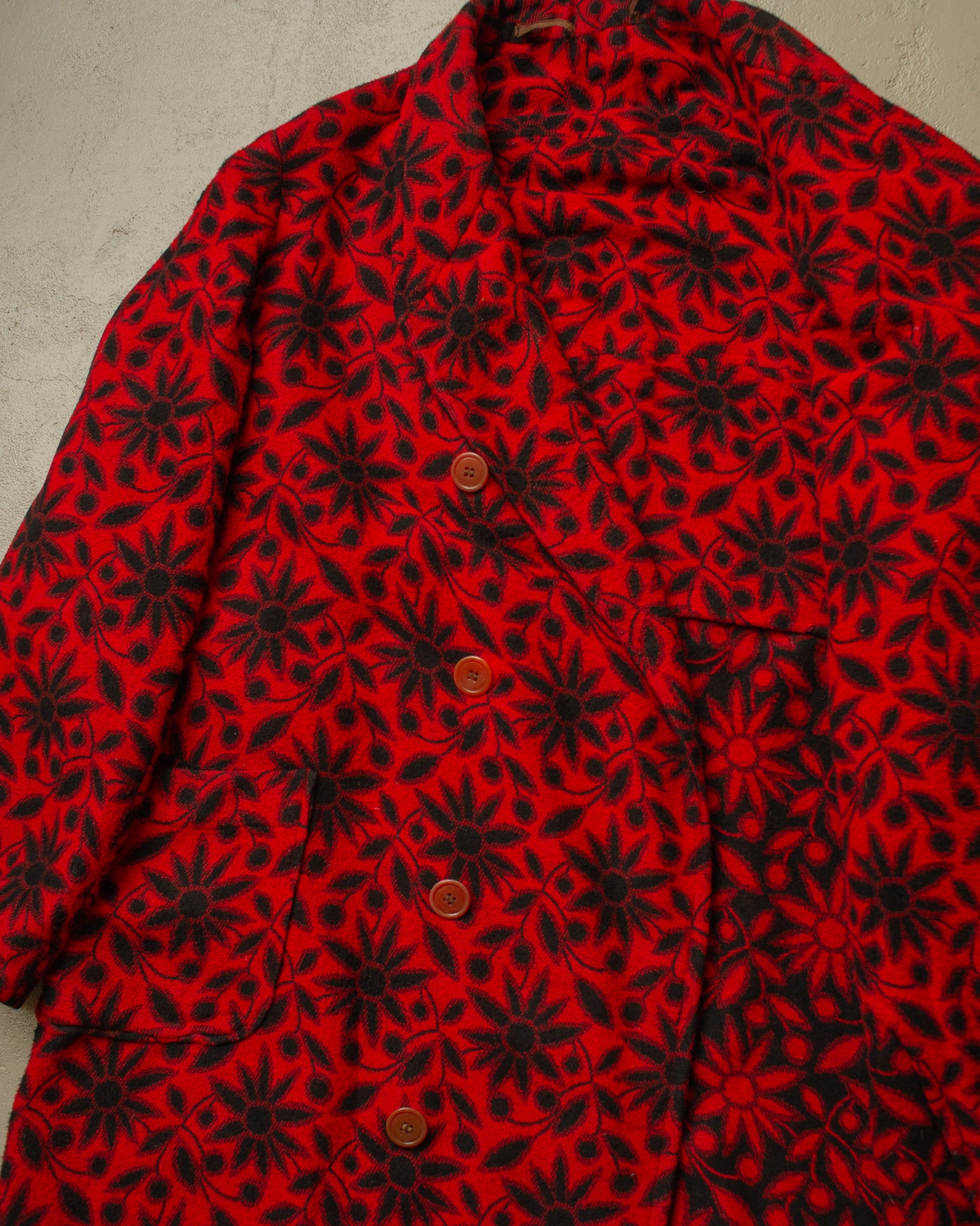 1930s German Sunflower Pattern Wool Smoking Coat red - M/L