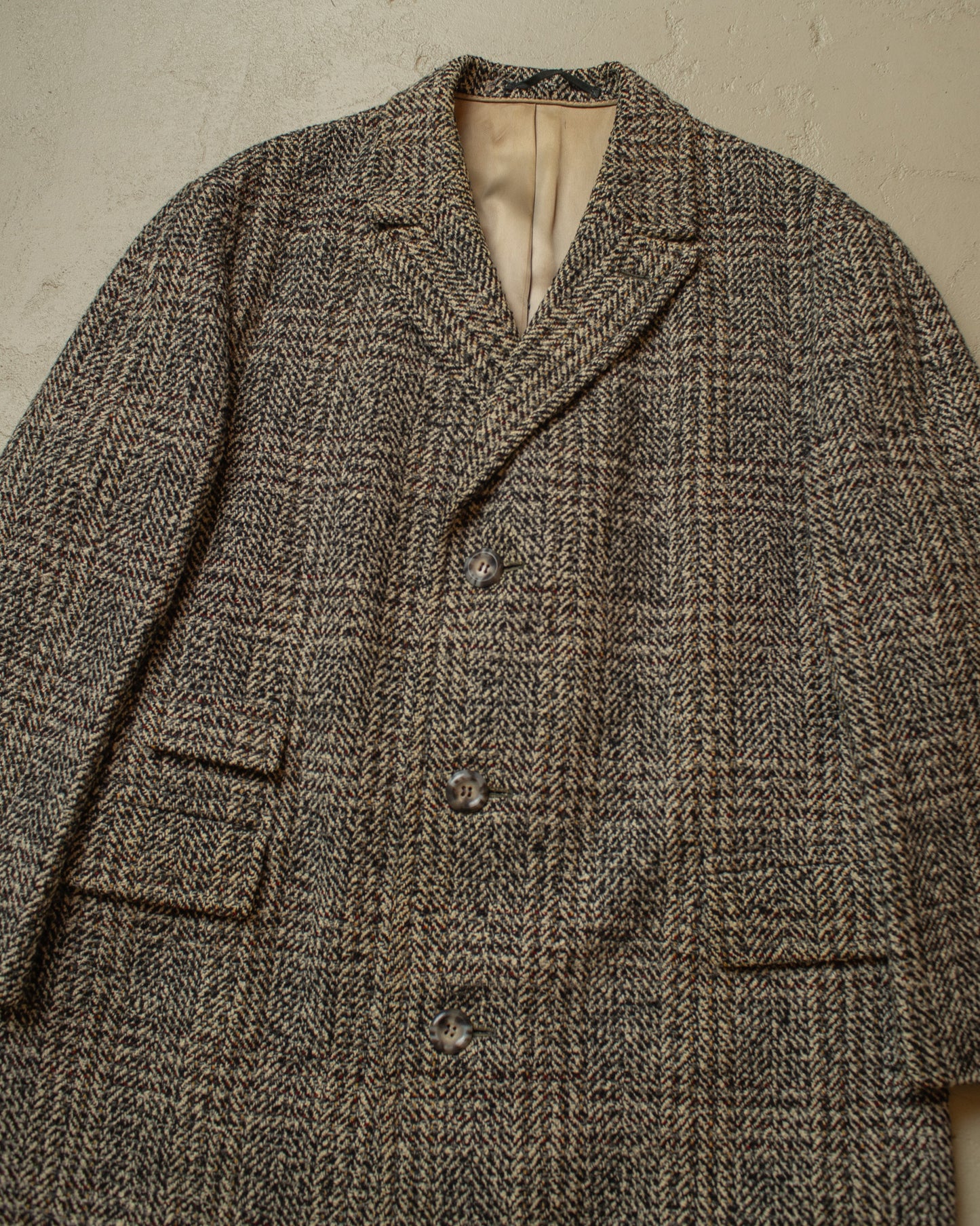 1950s German Belted Herringbone Check Wool Short Coat grey - XL