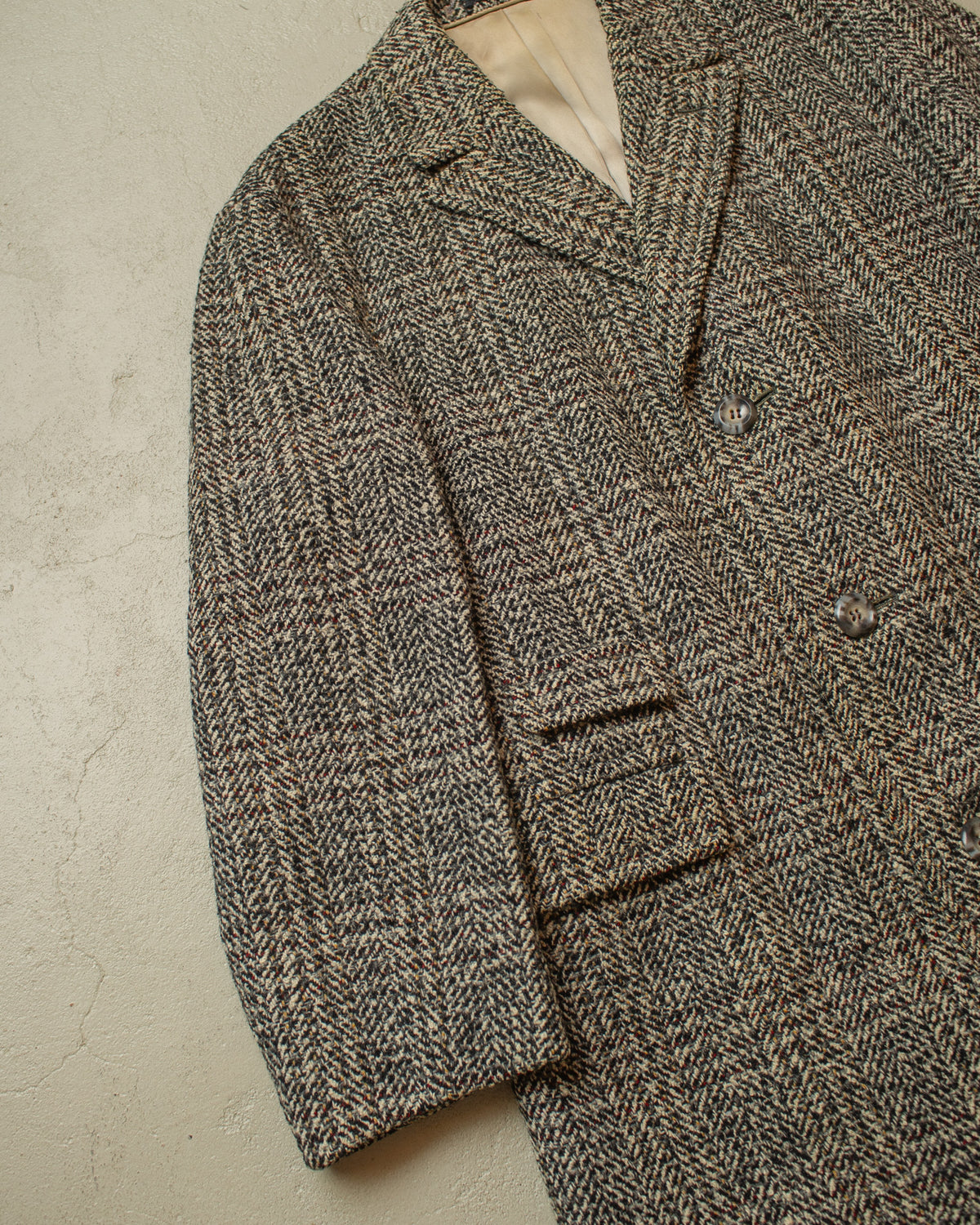 1950s German Belted Herringbone Check Wool Short Coat grey - XL