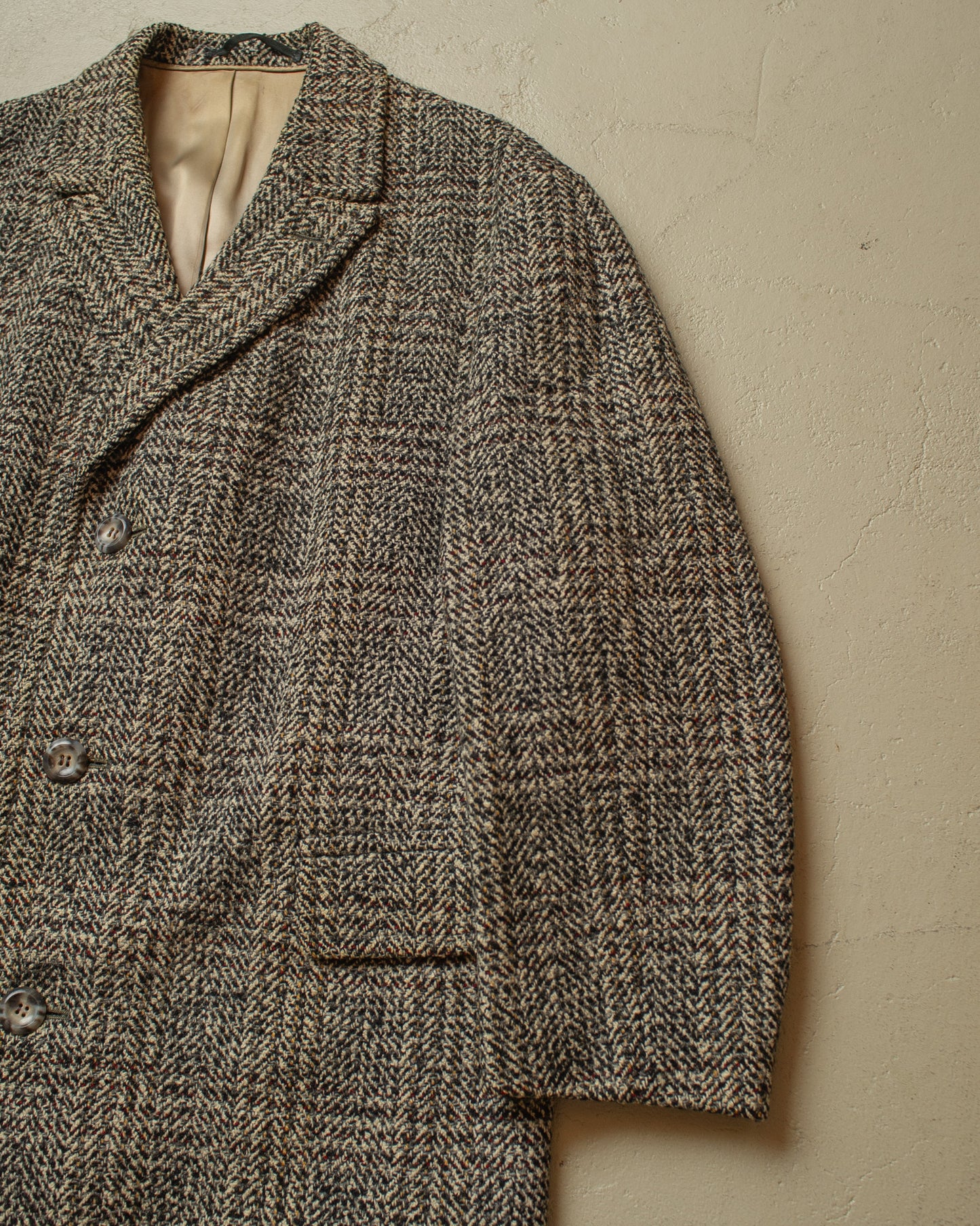 1950s German Belted Herringbone Check Wool Short Coat grey - XL