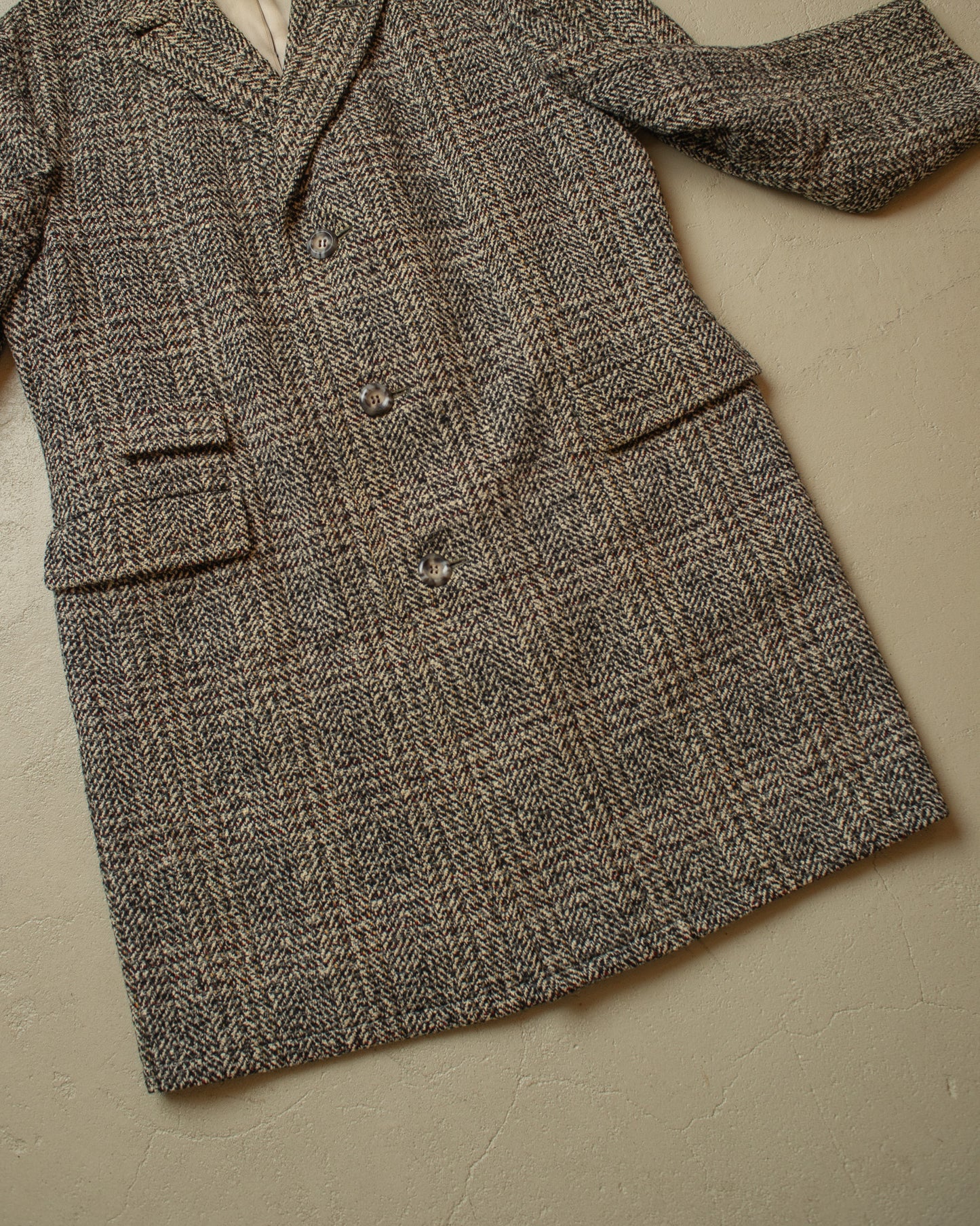 1950s German Belted Herringbone Check Wool Short Coat grey - XL