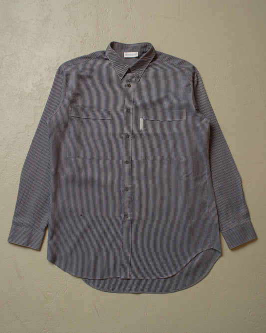 1990s unworn Adidas Outdoor Shirt pinstriped grey - M/L