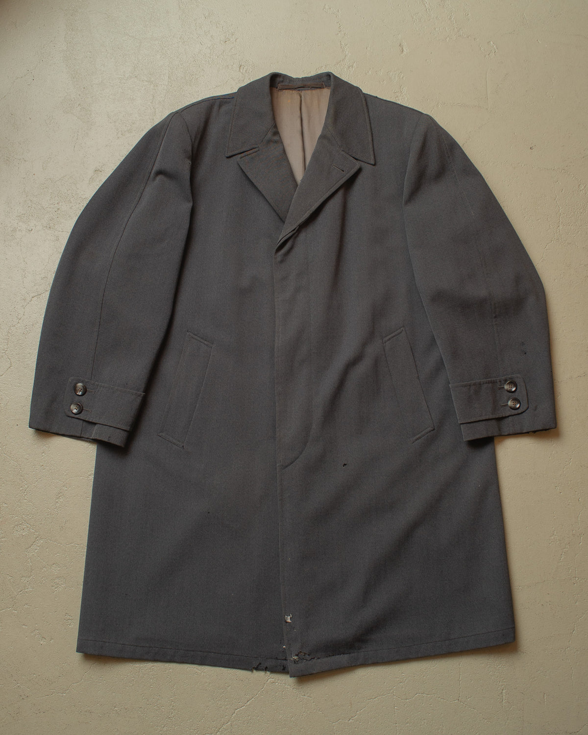 1940s/50s German distressed Single Breasted Gabardine Coat grey - XL