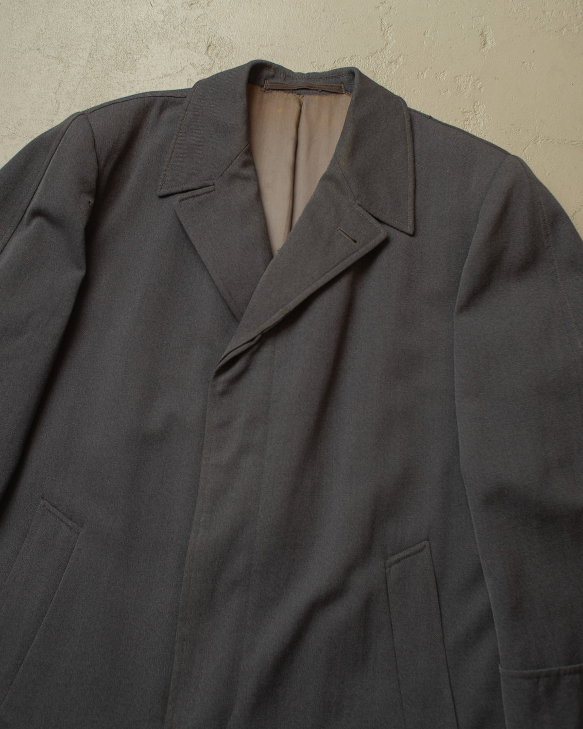 1940s/50s German distressed Single Breasted Gabardine Coat grey - XL