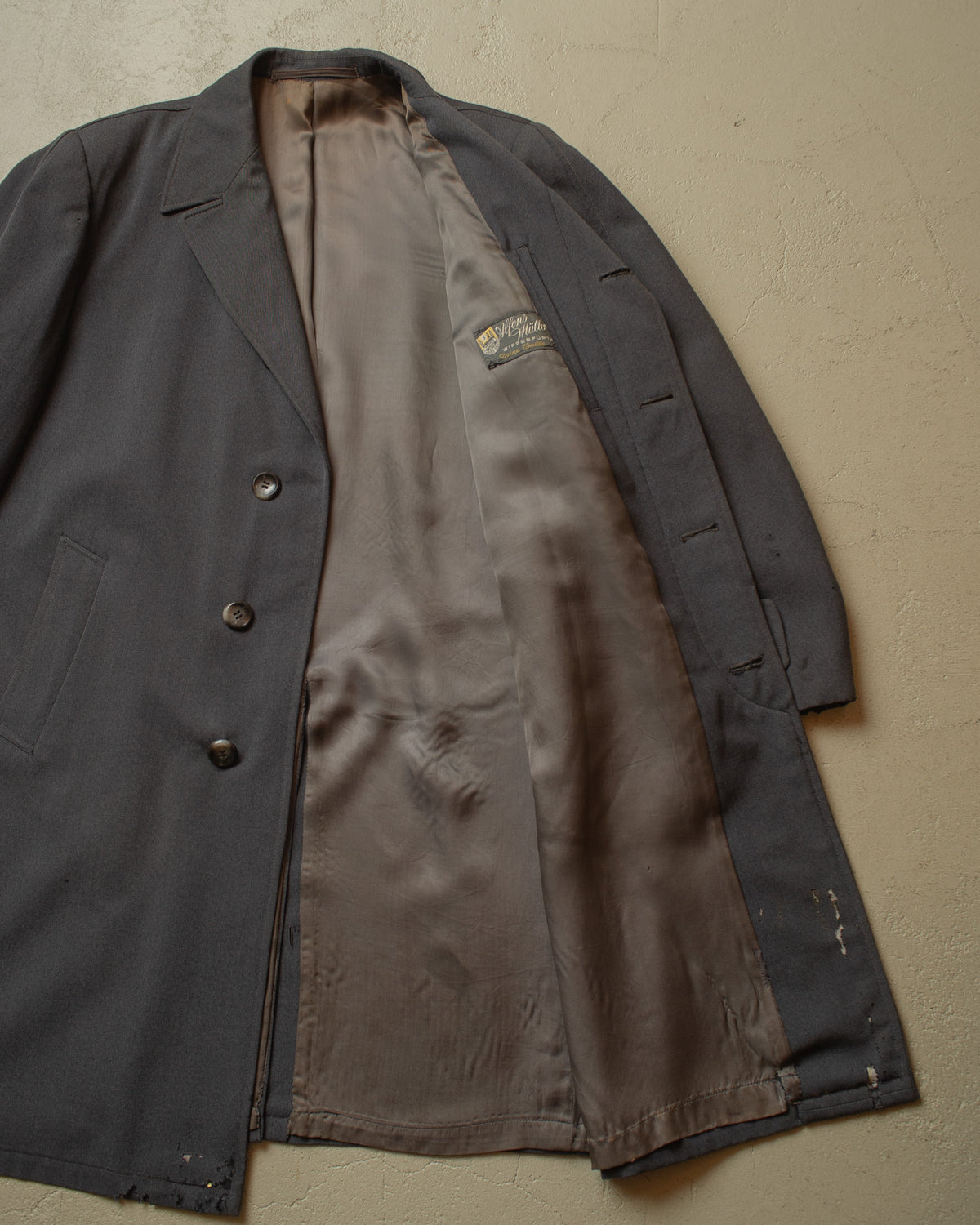 1940s/50s German distressed Single Breasted Gabardine Coat grey - XL