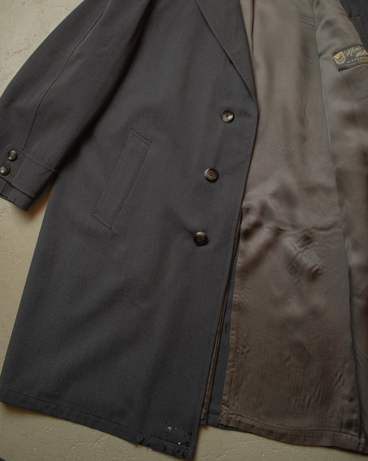 1940s/50s German distressed Single Breasted Gabardine Coat grey - XL