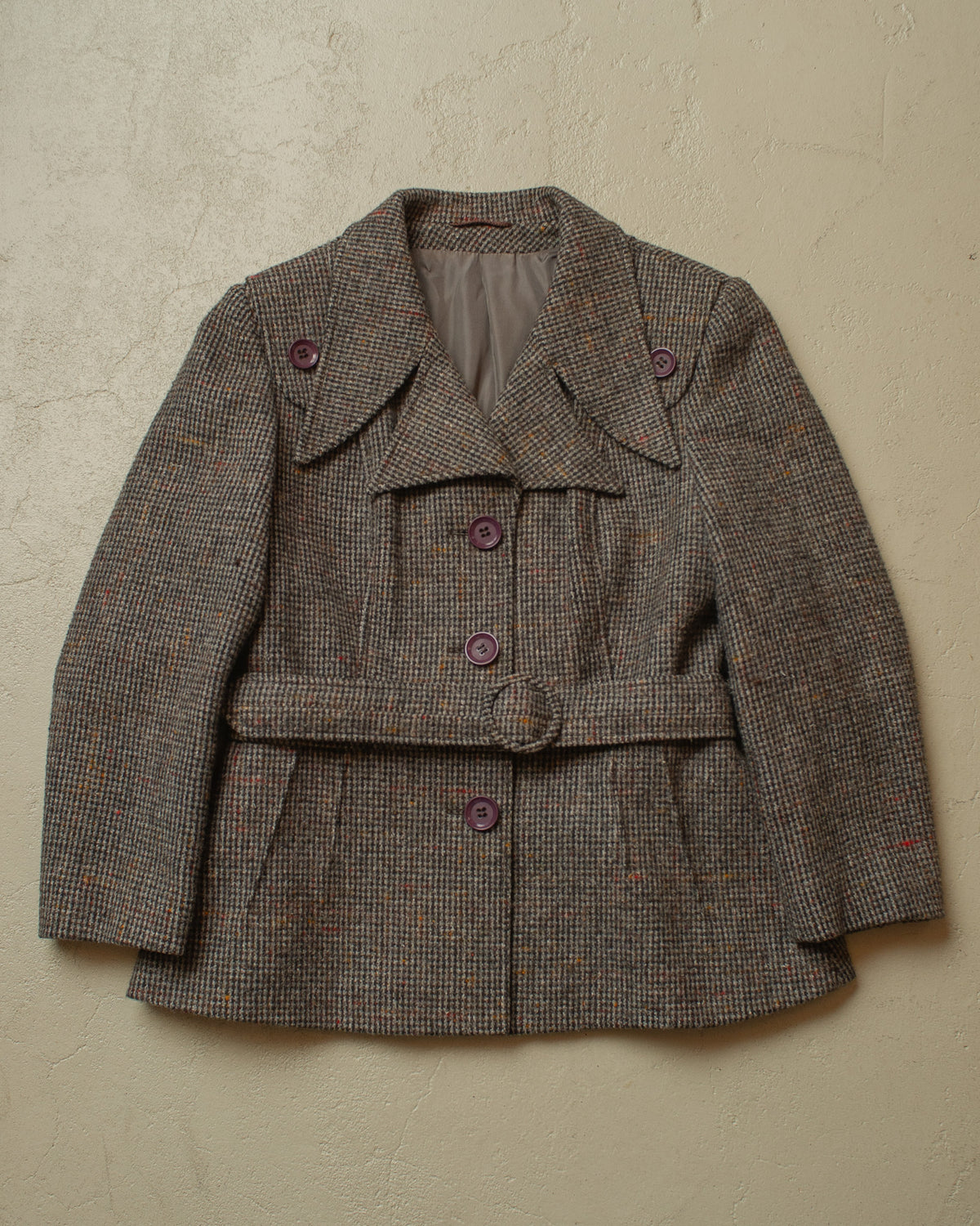 1970s Womens Houndstooth Belted Wool Jacket grey - S/M