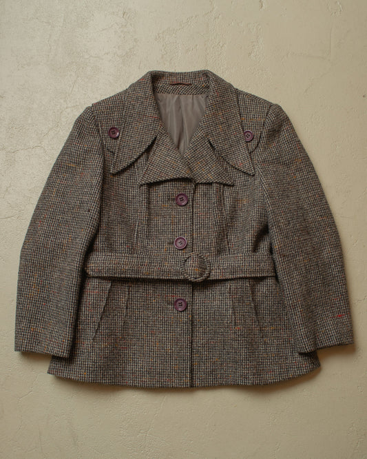 1970s Womens Houndstooth Belted Wool Jacket grey - S/M