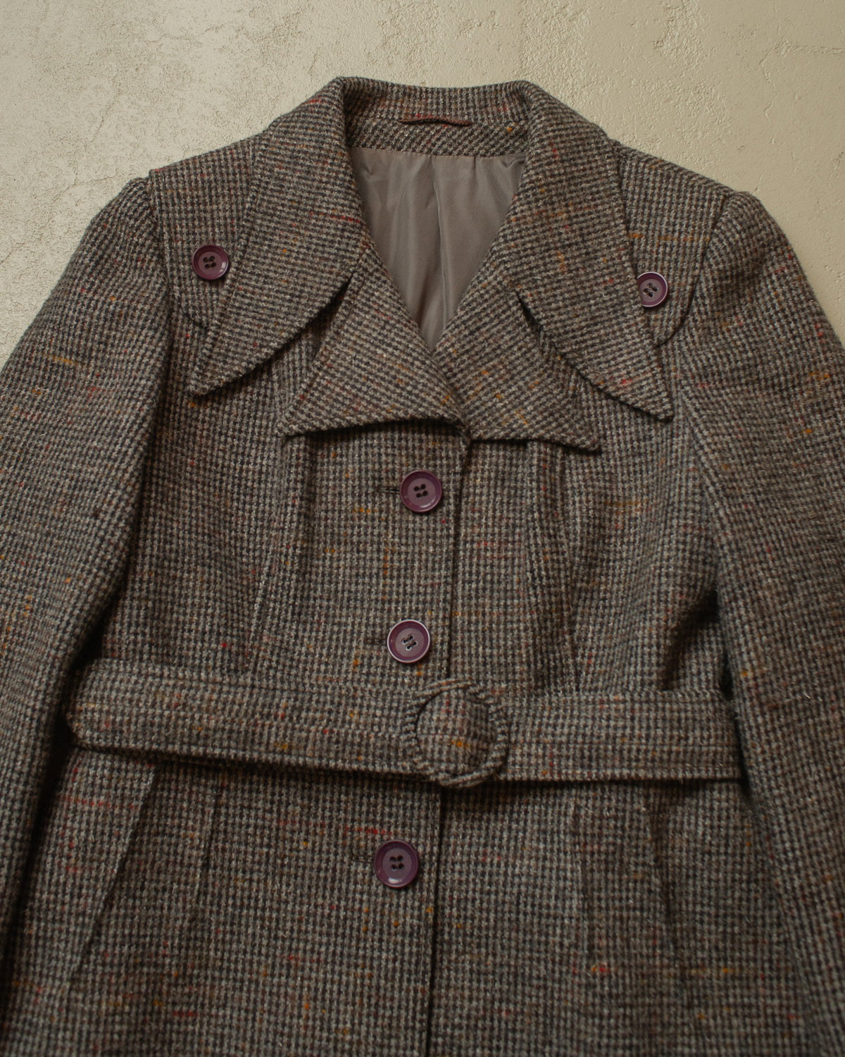 1970s Womens Houndstooth Belted Wool Jacket grey - S/M