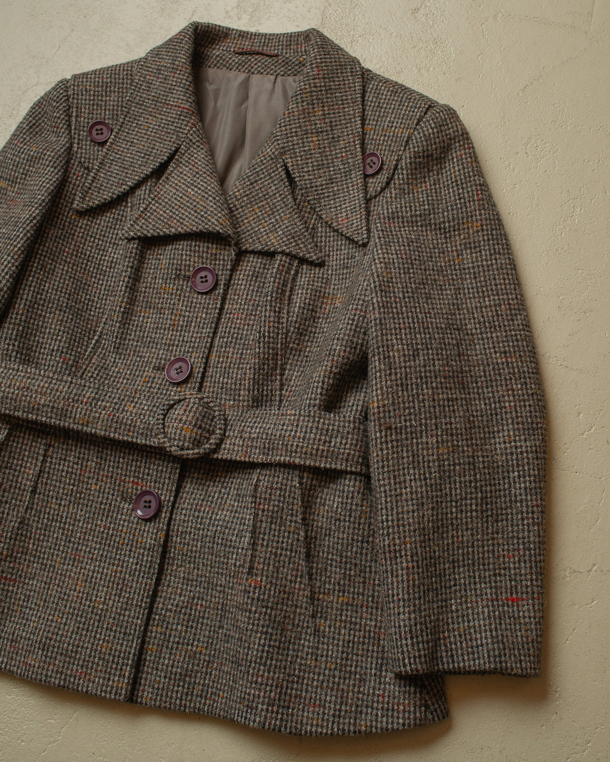 1970s Womens Houndstooth Belted Wool Jacket grey - S/M