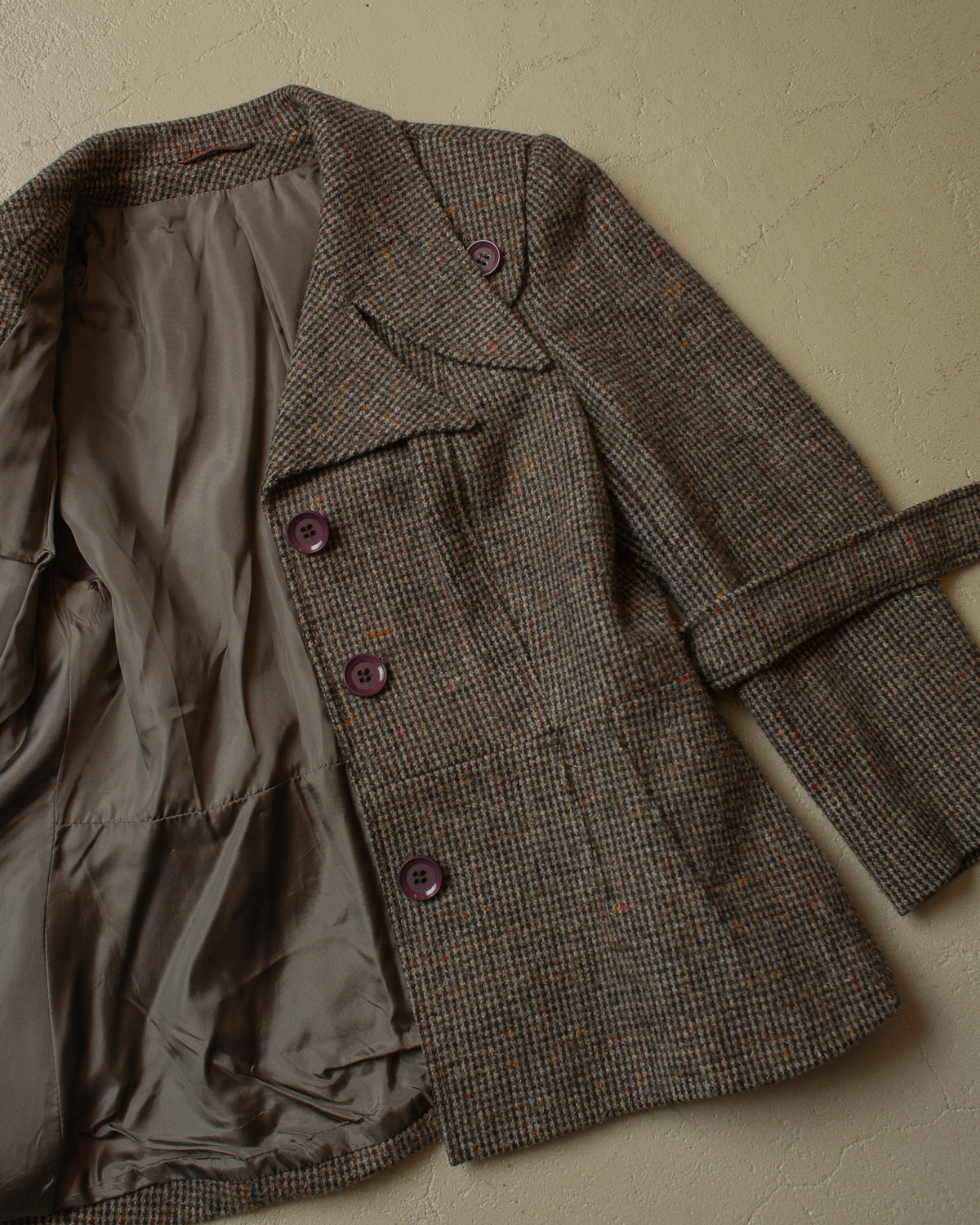 1970s Womens Houndstooth Belted Wool Jacket grey - S/M