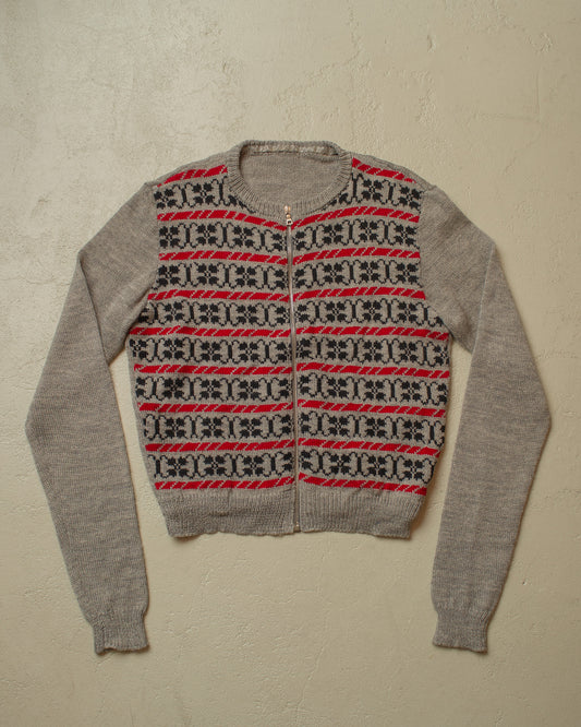 1950s Reproduction Womens Pattern Wool Knit Jacket grey - L