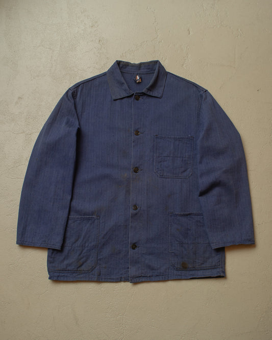 1960s German Herringbone Cotton Work Jacket navyblue - L