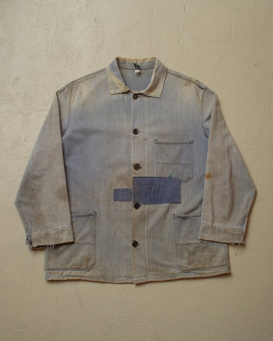 1960s German Repaired Herringbone Work Jacket blue - L