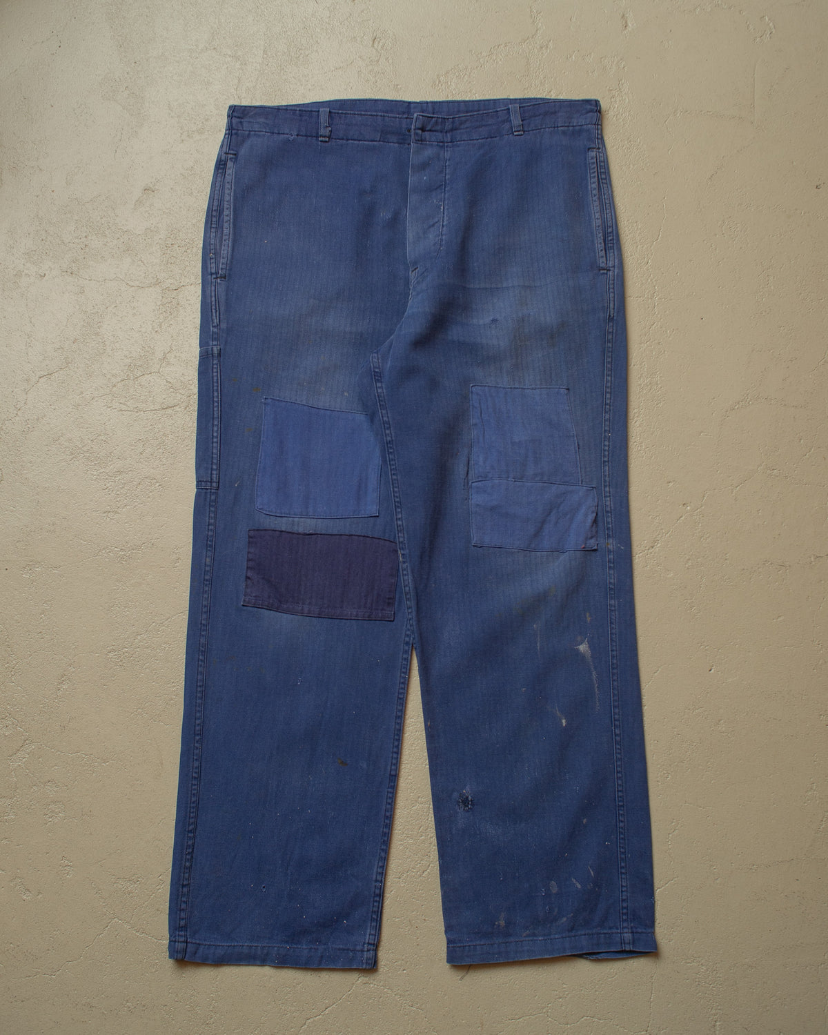 1960s German Herringbone Cotton Repaired Work Pants blue - W37 L28,5