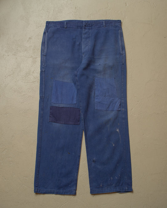 1960s German Herringbone Cotton Repaired Work Pants blue - W37 L28,5