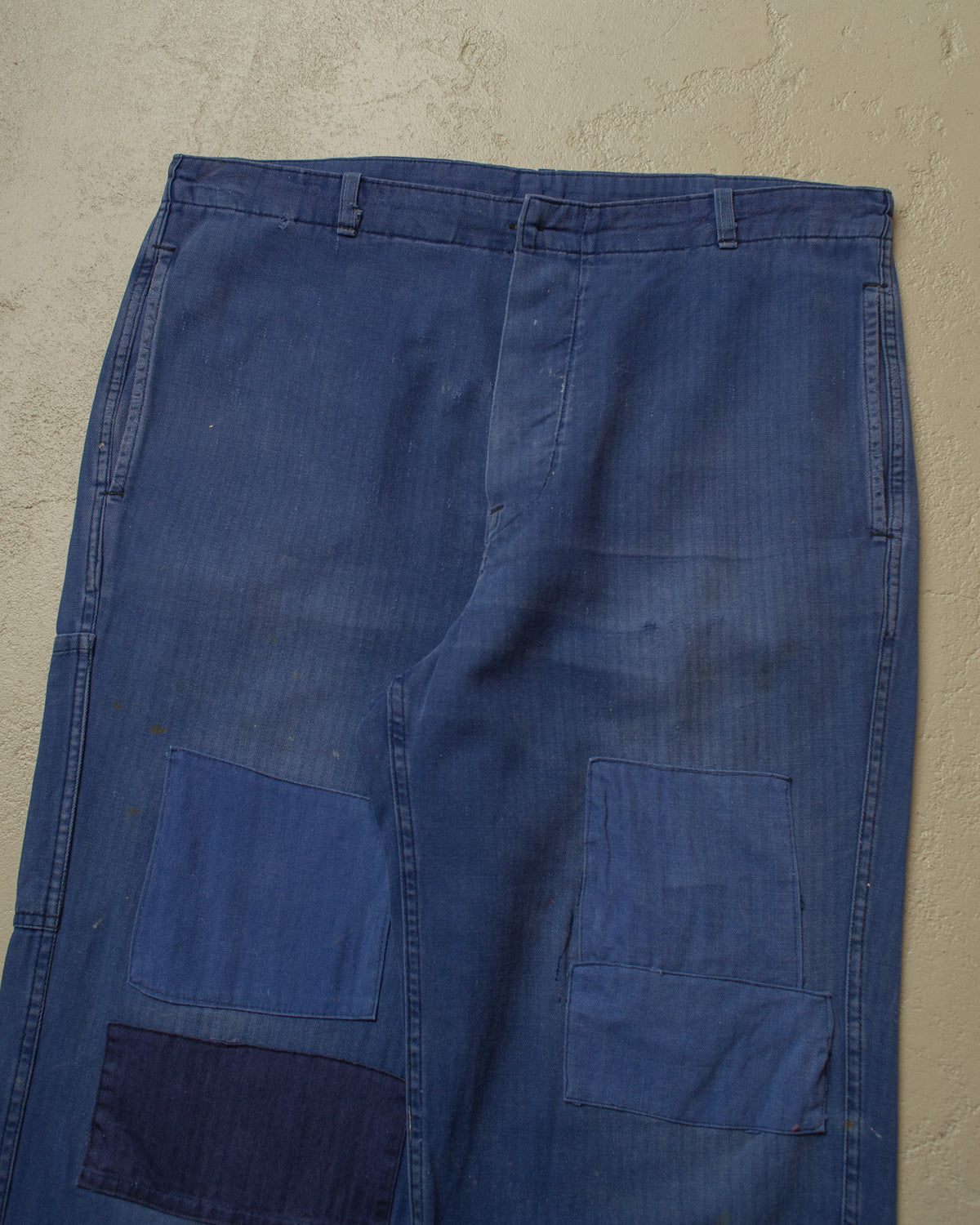 1960s German Herringbone Cotton Repaired Work Pants blue - W37 L28,5