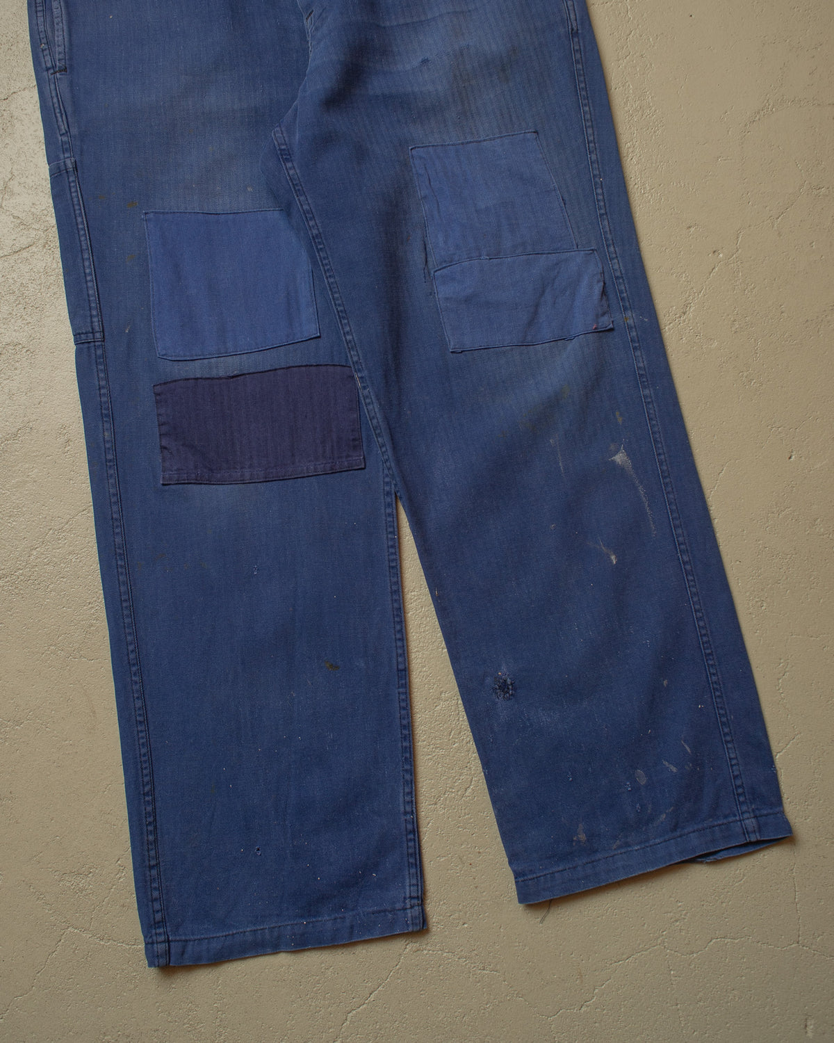1960s German Herringbone Cotton Repaired Work Pants blue - W37 L28,5