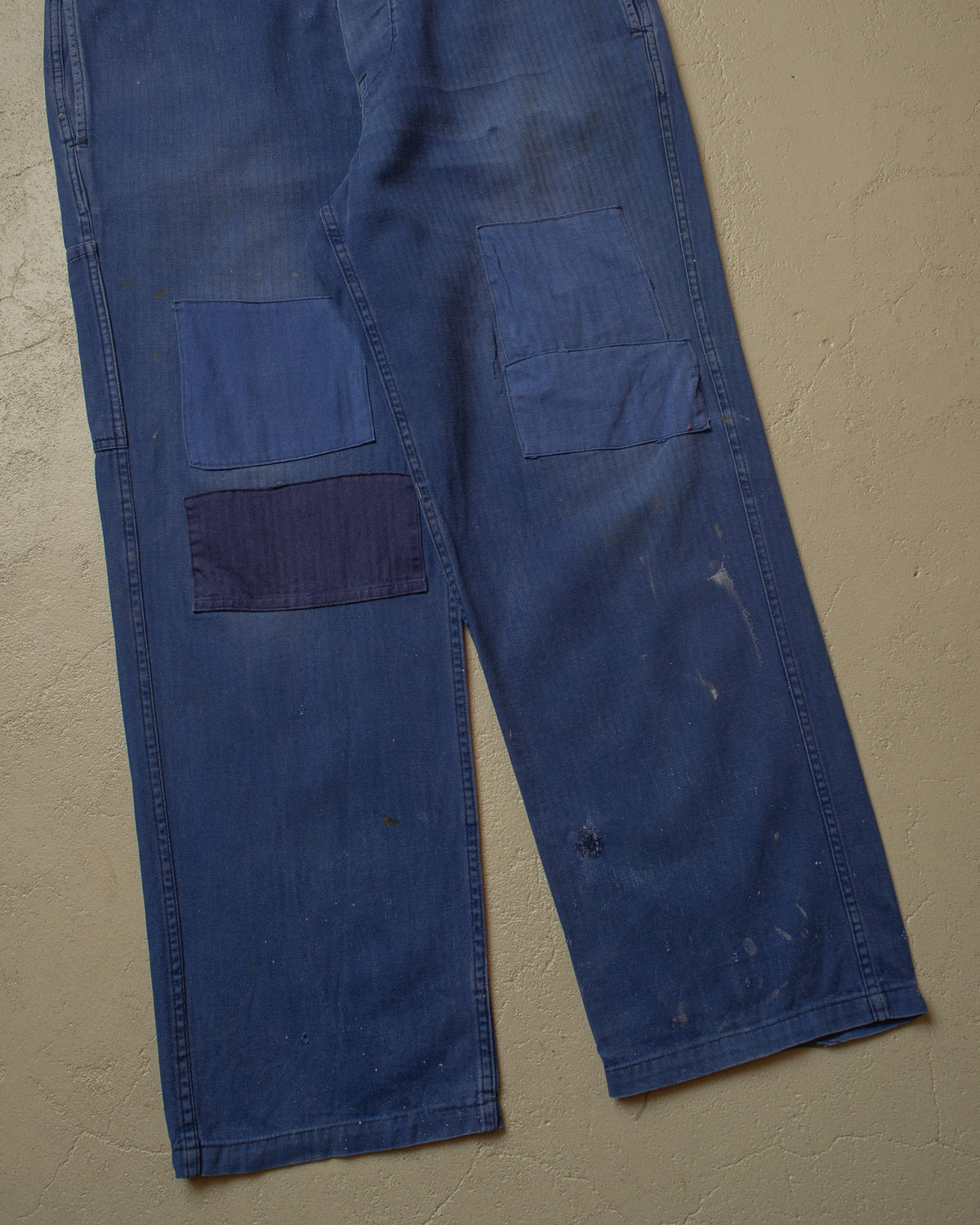 1960s German Herringbone Cotton Repaired Work Pants blue - W37 L28,5