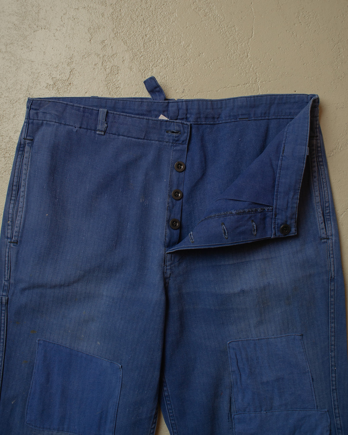 1960s German Herringbone Cotton Repaired Work Pants blue - W37 L28,5