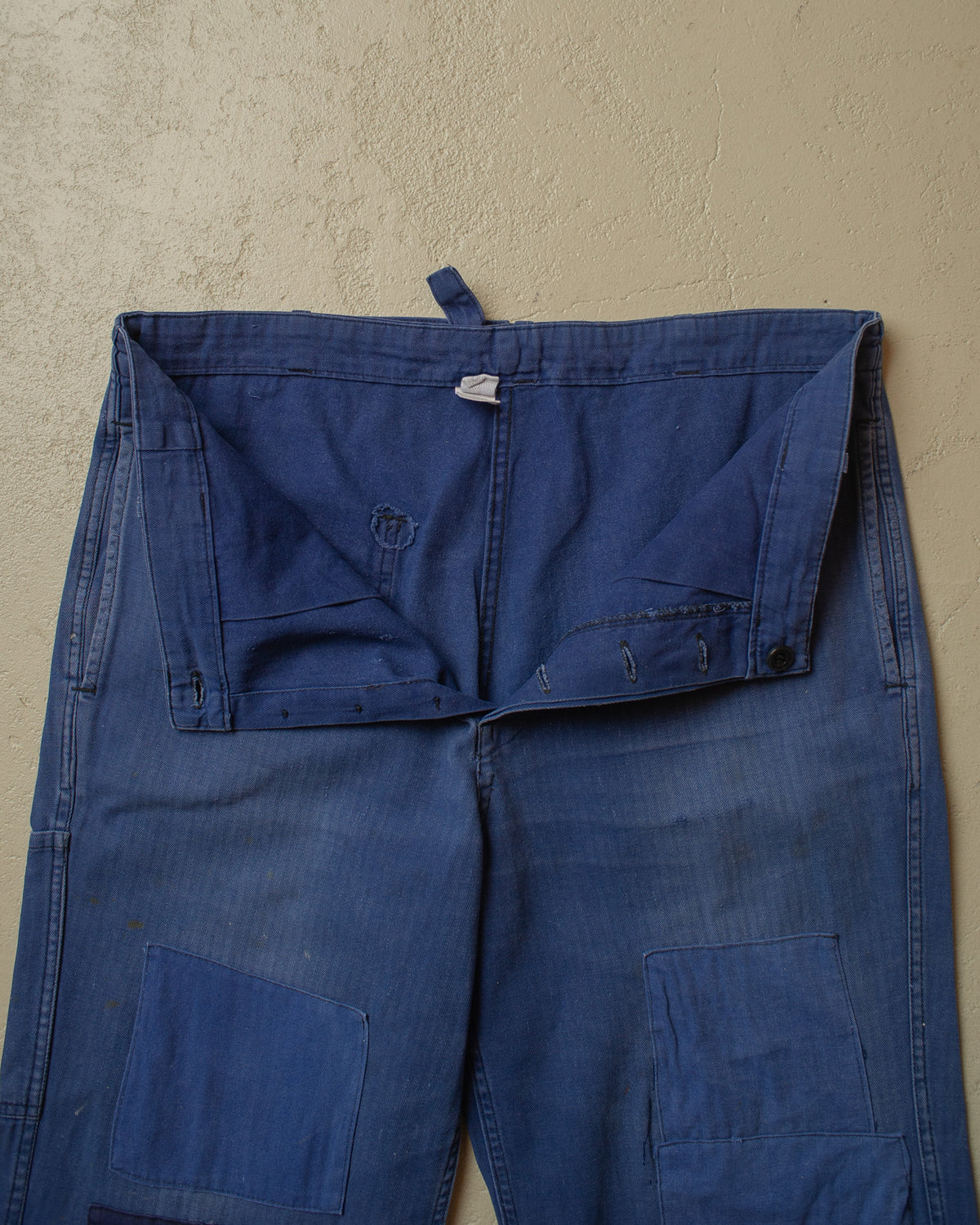 1960s German Herringbone Cotton Repaired Work Pants blue - W37 L28,5