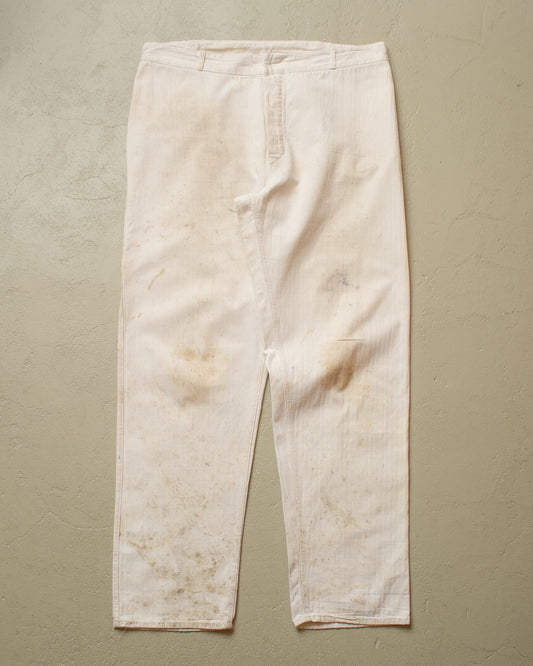 1960s German Herringbone Cotton Work Pants white - W38 L32